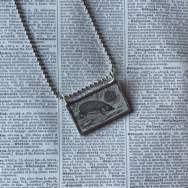 Hedgehog, vintage 1940s dictionary illustration, up-cycled to hand-soldered glass pendant