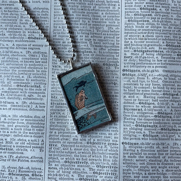 Fish underwater scene, vintage 1930s children's book illustration, up-cycled to hand soldered glass pendant