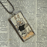 Bunny and chick tea party, vintage 1930s children's book illustration up-cycled to soldered glass pendant