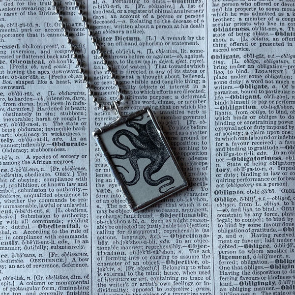 Octopus, vintage 1930s dictionary illustration, up-cycled to hand soldered glass pendant