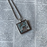 Birds on branches children's book illustrations up-cycled to soldered glass pendant