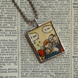 Just Married, cute couple, original illustrations from a vintage comic, up-cycled to soldered glass pendant