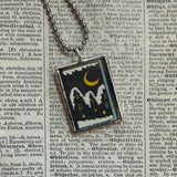 Snowy day and night, view from window, vintage children's book illustrations, up-cycled to soldered glass pendant