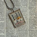 Snowy day and night, view from window, vintage children's book illustrations, up-cycled to soldered glass pendant