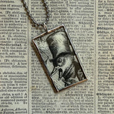 Bird in top hat, vintage illustrations upcycled to hand-soldered glass pendant with choice of necklace, bookmark or keychain