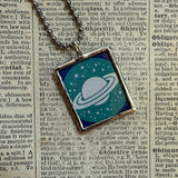 Saturn, outer space, vintage chidlren's book illustrations, upcycled to soldered glass pendant