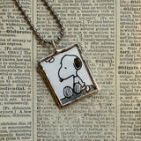 Snoopy, comic strip illustrations from vintage Peanuts book, up-cycled to hand-soldered glass pendant
