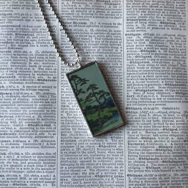 Cypress trees, Mt. Fuji scene, Japanese woodblock prints, up-cycled to hand-soldered glass pendant