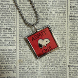 Snoopy, comic strip illustrations from vintage Peanuts book, up-cycled to hand-soldered glass pendant