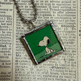 Snoopy, comic strip illustrations from vintage Peanuts book, up-cycled to hand-soldered glass pendant