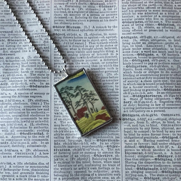 Cypress trees, lake scene, Japanese woodblock prints, up-cycled to hand-soldered glass pendant