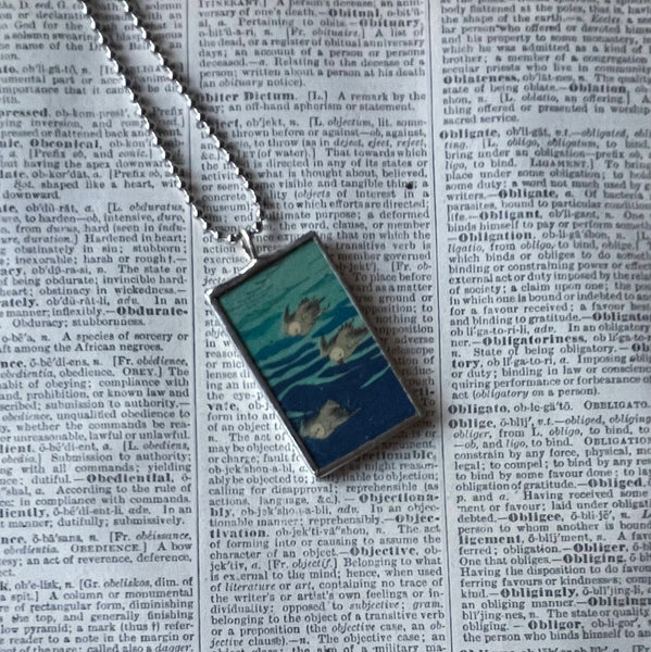 Sea Birds, lake scene, Japanese woodblock prints, up-cycled to hand-soldered glass pendant