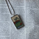 Cherry tree, cypress trees, Japanese woodblock prints, up-cycled to hand-soldered glass pendant