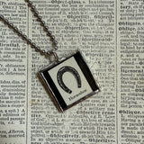 Horseshoe, vintage dictionary illustration, hand soldered glass pendant, upcycled to soldered glass pendant