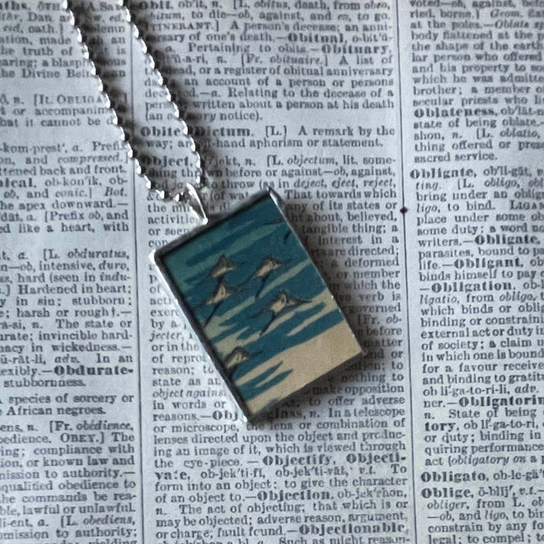 Mt Fuji, Sea Birds, Japanese woodblock prints, up-cycled to hand-soldered glass pendant