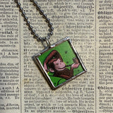 Curious George, original vintage childrens' book illustrations, upcycled to soldered glass pendant