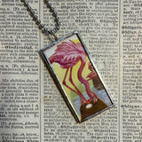 Flamingos, vintage bird illustrations, up-cycled to soldered glass pendant