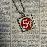 5 cents, question mark, vintage cracker jack prize graphics, upcycled to soldered glass pendant