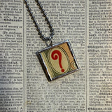 5 cents, question mark, vintage cracker jack prize graphics, upcycled to soldered glass pendant