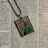 Mushroom house, flowers, vintage comic illustrations up-cycled to soldered glass pendant
