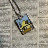 Mushroom house, flowers, vintage comic illustrations up-cycled to soldered glass pendant