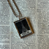 Paris France, Eiffel Tower, Notre Dame, hand-soldered glass pendant, vintage illustrations,  upcycled to soldered glass pendant
