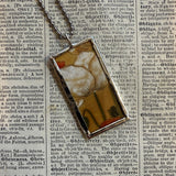 white poppy flower, vintage botanical illustration, upcycled to soldered glass pendant