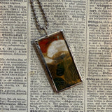 white poppy flower, vintage botanical illustration, upcycled to soldered glass pendant
