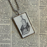 Victorian cemetery scenes, tombstones, vintage book illustrations, hand-soldered glass pendant