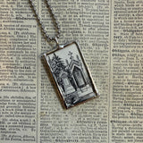 Victorian cemetery scenes, tombstones, vintage book illustrations, hand-soldered glass pendant
