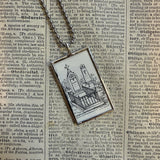 Victorian cemetery scenes, tombstones, vintage book illustrations, hand-soldered glass pendant