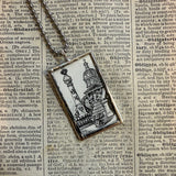 Victorian cemetery scenes, tombstones, vintage book illustrations, hand-soldered glass pendant