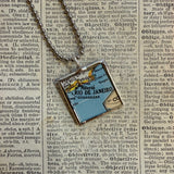 Rio de Janeiro, Brazil vintage map and flag, hand-soldered glass pendant