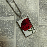 Red rose and poem, vintage children's book illustration up-cycled to soldered glass pendant