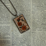 Peacock and flowers, vintage folk art illustrations, up-cycled to soldered glass pendant