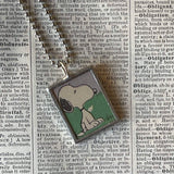 Snoopy, Woodstock, comic strip illustrations from vintage Peanuts book, up-cycled to hand-soldered glass pendant