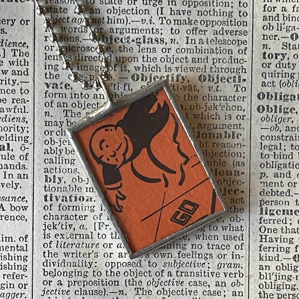 Vintage Monopoly, Chance card, Advance to  Go, upcycled to soldered hand-soldered glass pendant