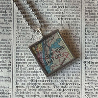 New York City, vintage map upcycled to hand-soldered glass pendant