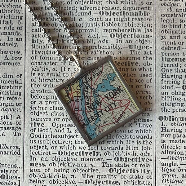 New York City, vintage map upcycled to hand-soldered glass pendant