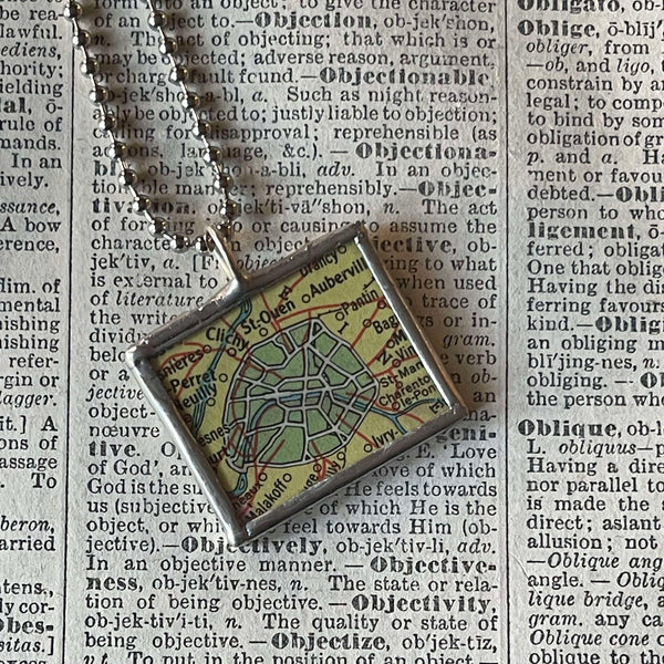 Paris, France, vintage map, hand-soldered glass pendant