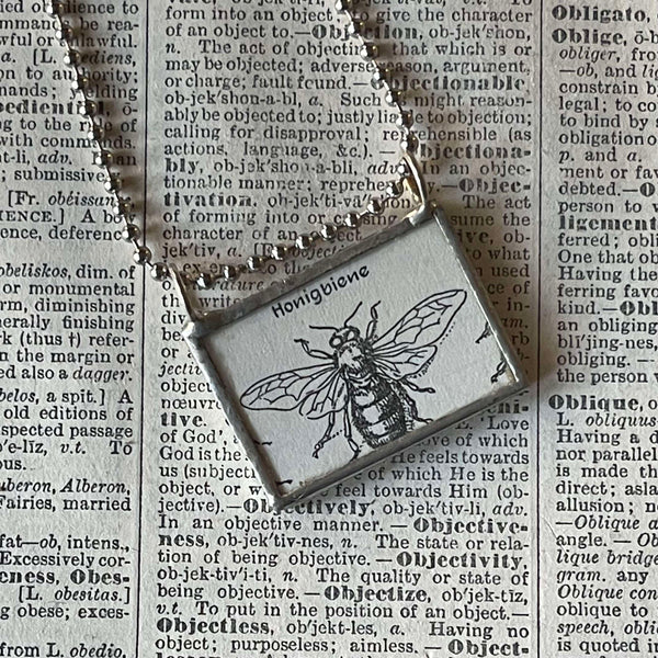 Bumble bee honey bee, vintage illustrations, up-cycled to hand-soldered glass pendant