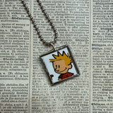 Calvin & Hobbes, original vintage comic book illustrations, upcycled to soldered glass pendant