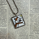 Calvin & Hobbes, original vintage comic book illustrations, upcycled to soldered glass pendant