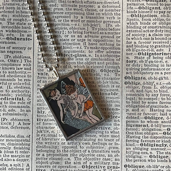 Fairy, Faeries, vintage children's book illustration up-cycled to soldered glass pendant