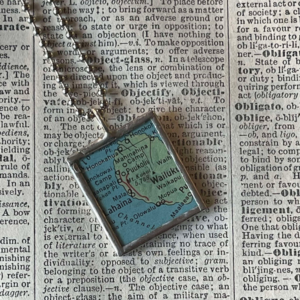 Lanai, Hawaii, vintage map, hand-soldered glass pendant