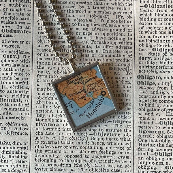 Honolulu, Oahu, Hawaii, vintage map, hand-soldered glass pendant