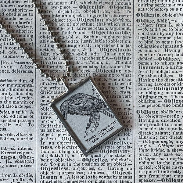 Raven bird, vintage 1930s dictionary illustration, upcycled to soldered glass pendant