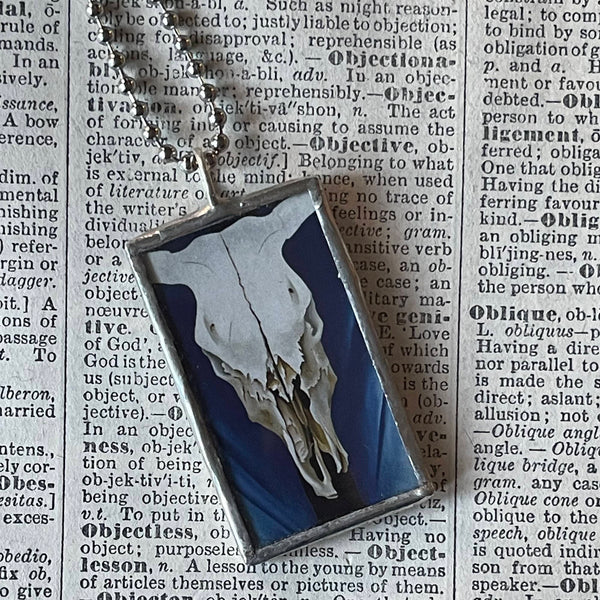 Georgia O'Keeffe, Cattle Skull, modern art, abstract painting, upcycled to hand-soldered glass pendant