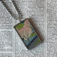 Cherry blossom, Mt. Fuji scene, Japanese woodblock prints, up-cycled to hand-soldered glass pendant