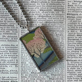 Cherry blossom, Mt. Fuji scene, Japanese woodblock prints, up-cycled to hand-soldered glass pendant